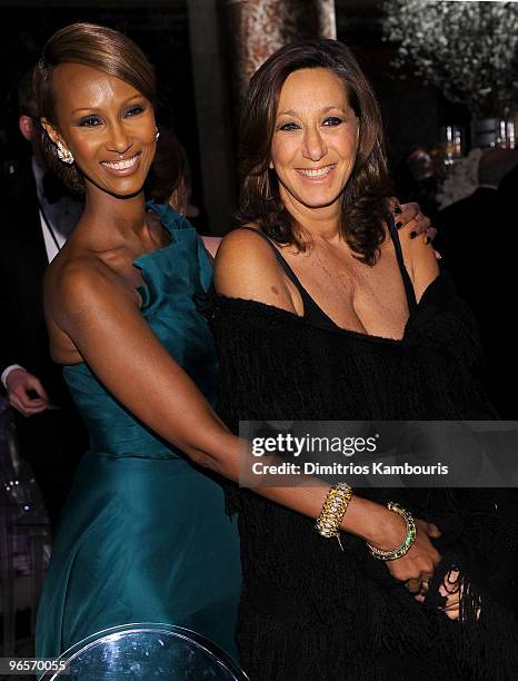 Model Iman and designer Donna Karan attend the amfAR New York Gala To Kick Off Fall 2010 Fashion Week at Cipriani 42nd Street on February 10, 2010 in...