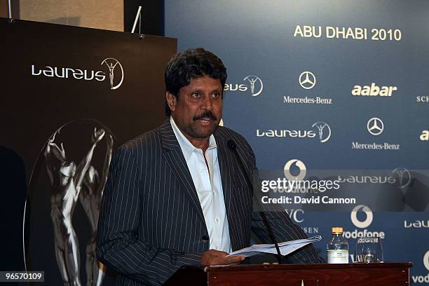 Kapil Dev of India a member of the Laureus world Sports Academy attends the media conference to announce the 2010 nominations at the Emirates Palace...