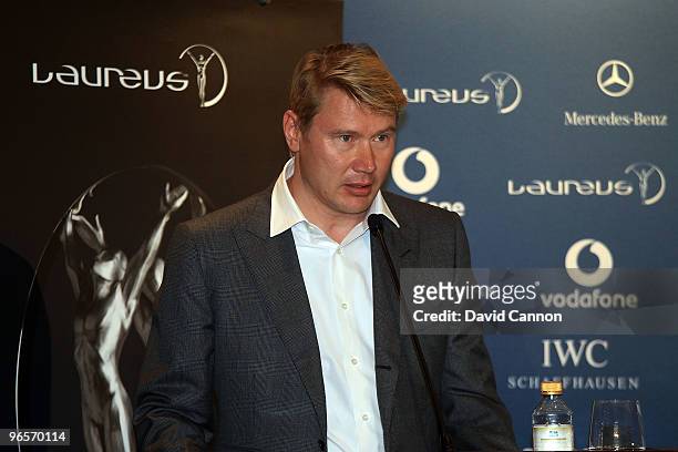 Mika Hakkinen of Finland a member of the Laureus world Sports Academy attends the media conference to announce the 2010 nominations at the Emirates...