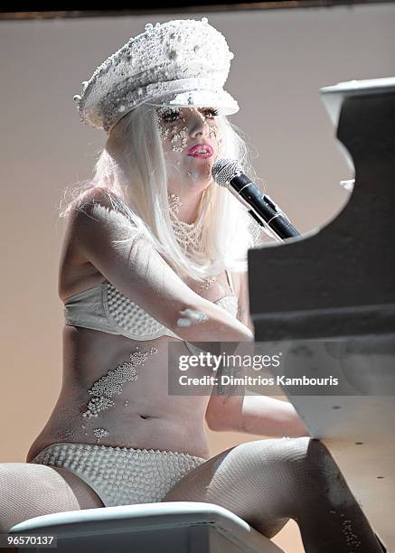 Singer Lady Gaga performs onstage at the amfAR New York Gala To Kick Off Fall 2010 Fashion Week at Cipriani 42nd Street on February 10, 2010 in New...