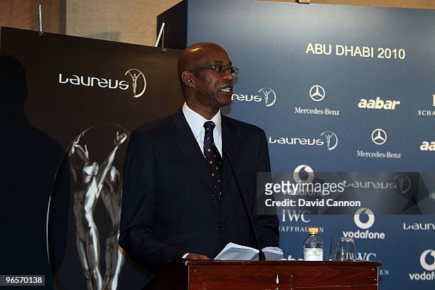 Edwin Moses The Chairman of the Laureus World Sports Academy attends the media conference to announce the 2010 nominations at the Emirates Palace...