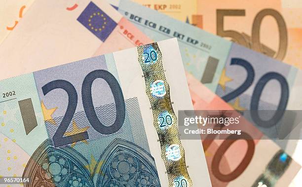 Euro notes are arranged for a photograph in London, U.K., on Wednesday, Feb. 10, 2010. European Union leaders may lay the groundwork today for a...