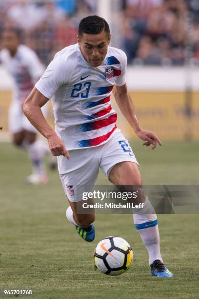 Rubio Rubin of the United States controls the ball during the friendly soccer match against Bolivia at Talen Energy Stadium on May 28, 2018 in...