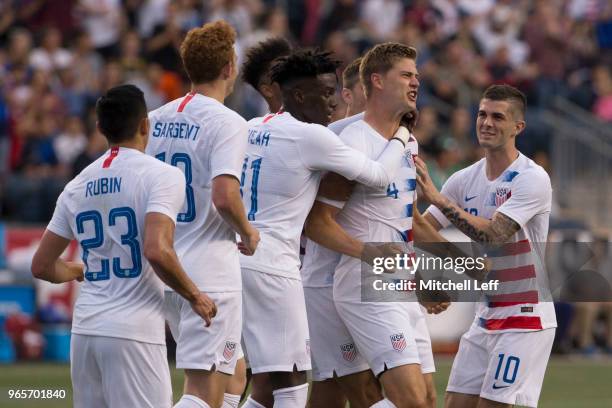 Walker Zimmerman of the United States celebrates scoring his goal with Rubio Rubin, Josh Sargent, Tim Weah, and Christian Pulisic during the friendly...