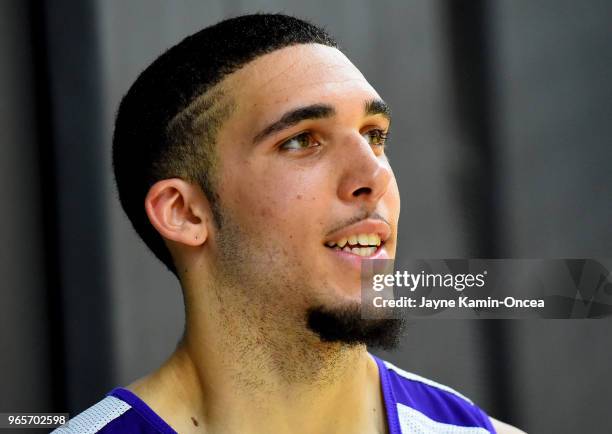 LiAngelo Ball walks on the court during the Los Angeles Lakers 2018 NBA Pre-Draft Workout on May 29, 2018 in Los Angeles, California. NOTE TO USER:...