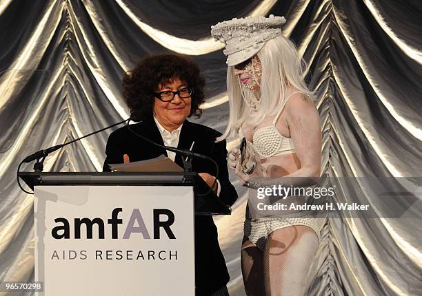 Ingrid Sischy and Lady Gaga attend the amfAR New York Gala co-sponsored by M.A.C Cosmetics at Cipriani 42nd Street on February 10, 2010 in New York,...