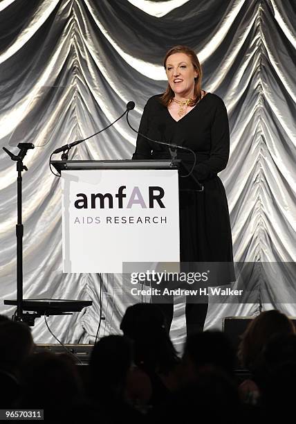 Editor-in-chief of Harper's Bazaar Glenda Bailey speaks onstage at the amfAR New York Gala co-sponsored by M.A.C Cosmetics at Cipriani 42nd Street on...