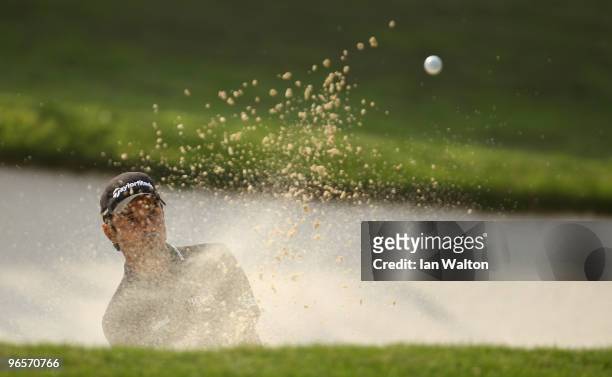 Jyoti Randhawa of India in action during Round One of the Avantha Masters held at The DLF Golf and Country Club on February 11, 2010 in New Delhi,...