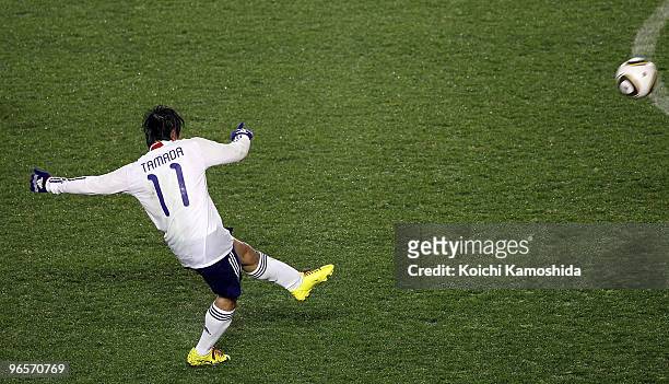 Keiji Tamada of Japan kicks the ball as they play against Hong Kong during the East Asian Football Championship 2010 match between Japan and Hong...