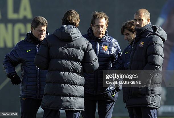 Barcelona's coach Pep Guardiola attends a training session at Ciutat Esportiva Joan Gamper in Barcelona on February 11, 2010. Barcelona will play a...