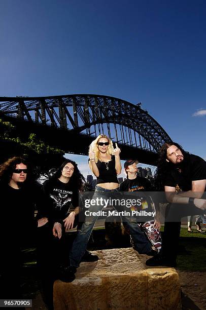 Fredrik Akesson, Daniel Erlandsson, Angela Gossow, Michael Amott and Sharlee D'Angelo of Arch Enemy pose for a group portrait in November 2005 in...