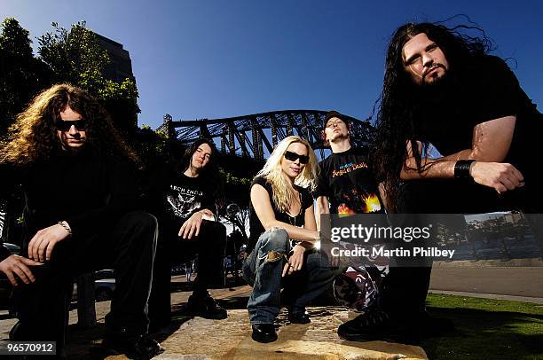 Fredrik Akesson, Daniel Erlandsson, Angela Gossow, Michael Amott and Sharlee D'Angelo of Arch Enemy pose for a group portrait in November 2005 in...