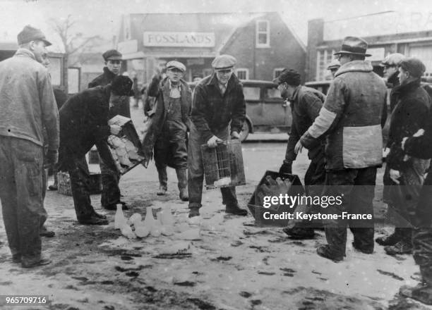 Des bouteilles de lait sont vidées sur la route près de Chicago, aux Etats-Unis le 18 janvier 1934.