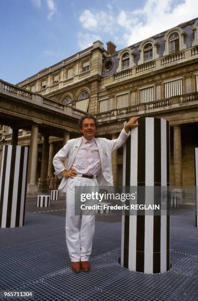 Artist Daniel Buren and His Famous Columns at the Palais Royal in Paris, June 30, 1986.