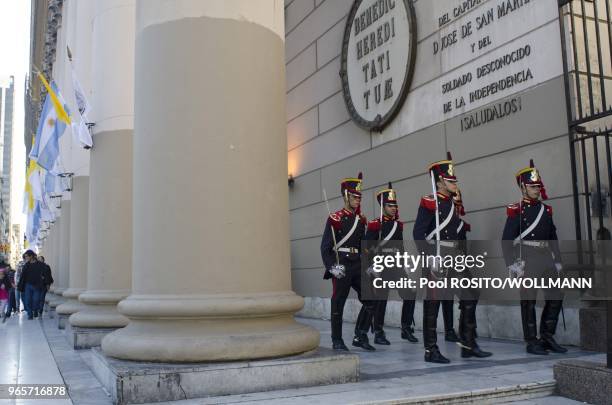 Buenos Aires, Argentina. Outside the cathedral with the "granaderos" and the papal and argentinean flags preparing for the tuesday ceremony. Photo:...