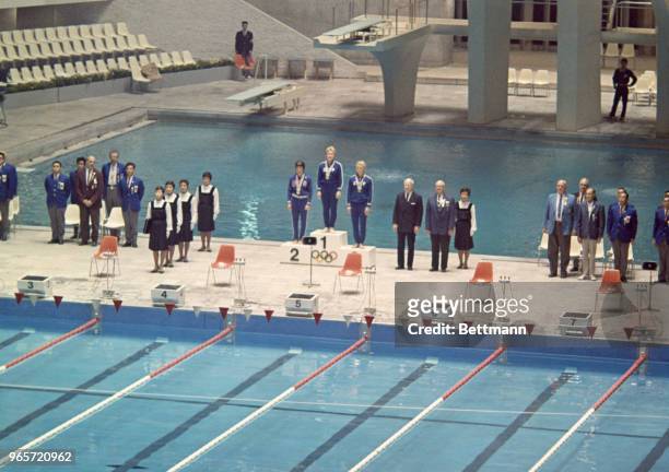 Victory ceremony in the Women's 200 Meter Breast Stroke competition. Winner , is Galina Prozumenschikova of Russia. Second Place is Claudia Kole of...