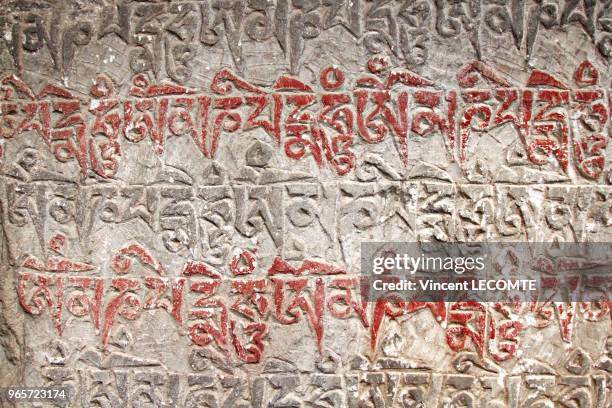Pierres gravées avec des formules bouddhistes en caractères tibétains le long d'un sentier de la région du Tamang au Népal, le 21 avril 2012 - Ces...