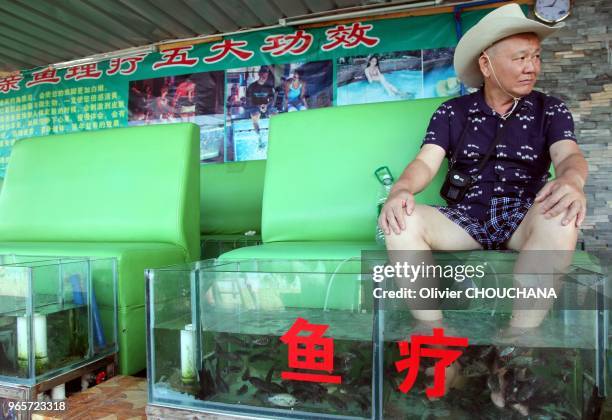 Touriste chinois en Fish Therapy, ces poissons docteurs, les Garra Rufa soigneraient les maladies de peau type psoriasis, sur la plage de Dadong Hai...