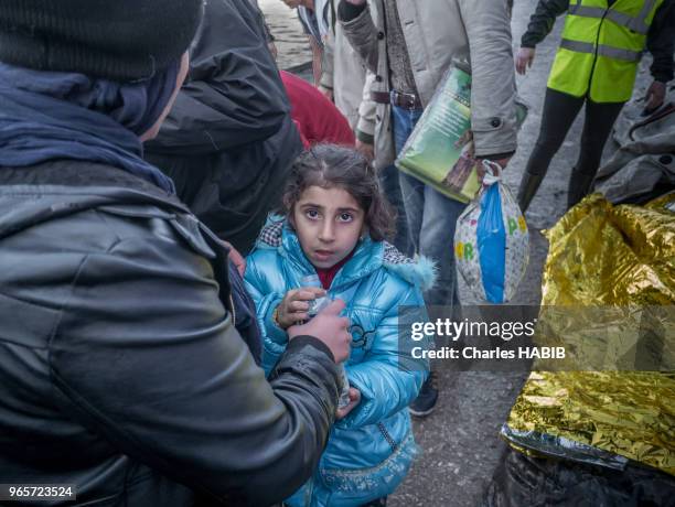 Skala Sikamineas village. Iraki girl cold and frightened. 19 novembre 2015.