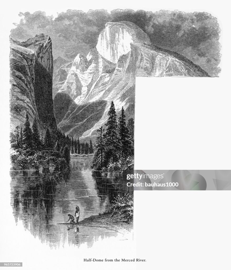Half Dome from the Merced River, Yosemite National Park, Sierra Nevada, California, American Victorian Engraving, 1872