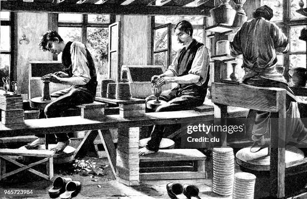 inside a pottery - turning the pots - pottery workshop stock illustrations