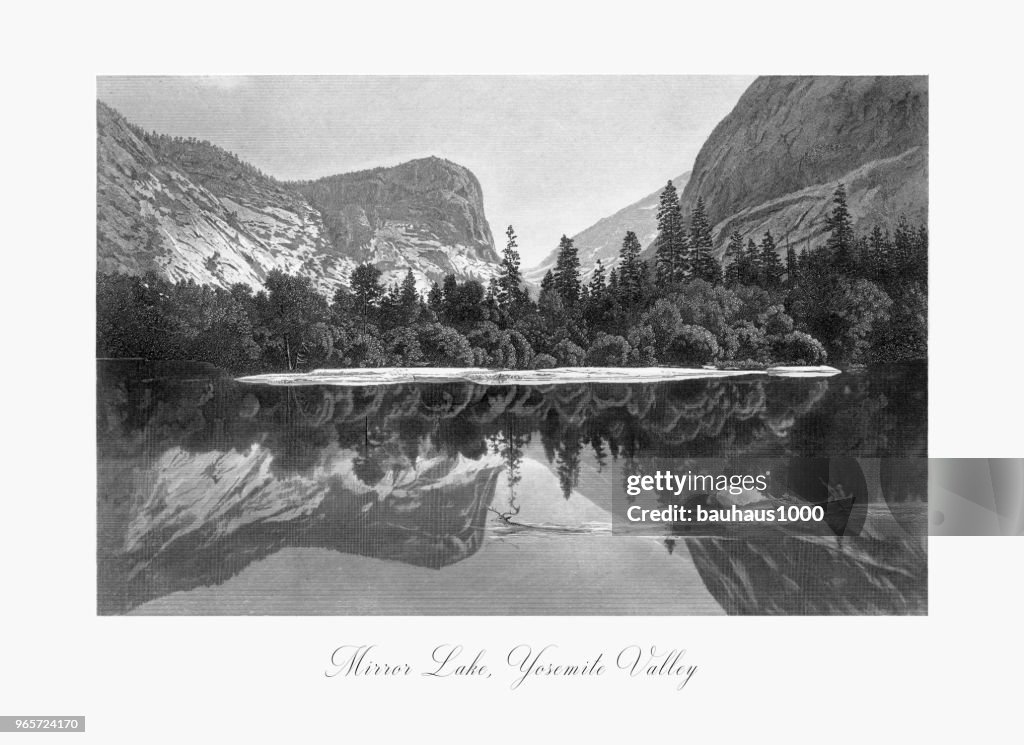 Mirror Lake, Yosemite Valley, Yosemite National Park, Sierra Nevada, California, American Victorian Engraving, 1872