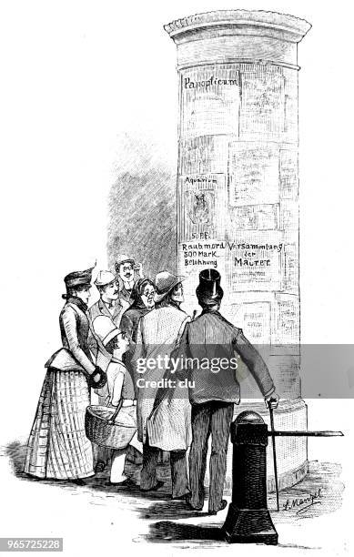 people standing at an advertising column - advertising column stock illustrations