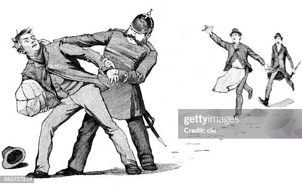 police officer arrests robber on the street - arrest stock illustrations