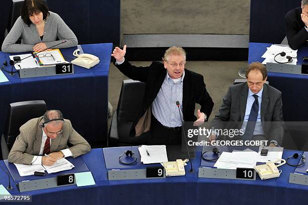 Franco-German Green MEP president Daniel Cohn Bendit explains the negative vote of his group before the approbation vote by EU Parliament for the...