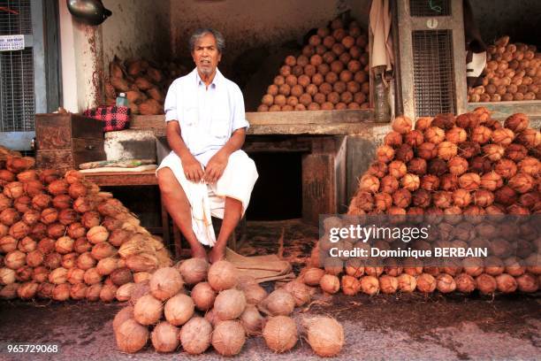 Vendeur de noix de coco, le 25 décembre 2015, au marché de Mysore, Inde du Sud.