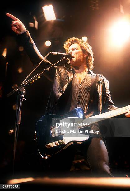 Jon Bon Jovi of Bon Jovi performs on stage at Melbourne Park in 1997 in Melbourne, Australia.