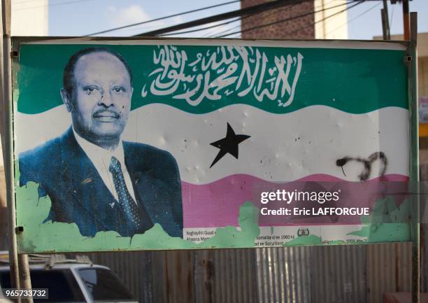 President Ahmed Mohamed Mohamoud Portrait With Flag Sign In Hargeisa Somaliland.