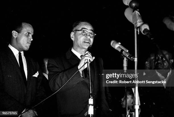 American Nobel Prize-winning political scientist and diplomat Ralph Bunche speaks at the 'Stars for Freedom' rally, Montgomery, Alabama, March 24,...