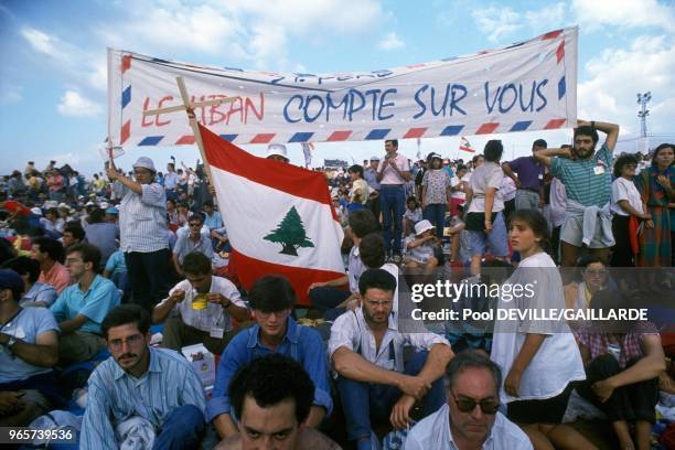 Lebanese People With Banderole And Flag During Visit Of Pope John Paul II In Santiago De Compostela, August 19, 1989.