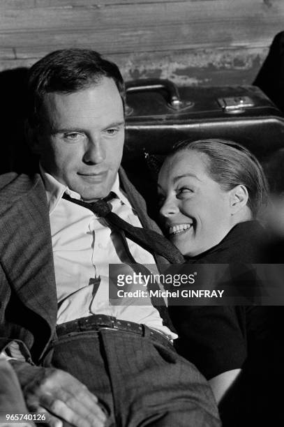 Austrian-born actress Romy Schneider and French actor Jean-Louis Trintignant on the set of the movie 'Le Train', directed by Pierre Granier-Deferre,...