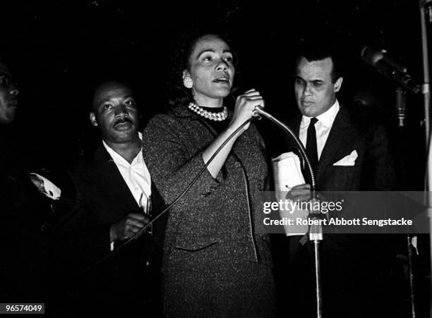American Civil Rights leader Coretta Scott King speaks at the 'Stars for Freedom' rally; her husband, Civil Rights leader Dr. Martin Luther King Jr....