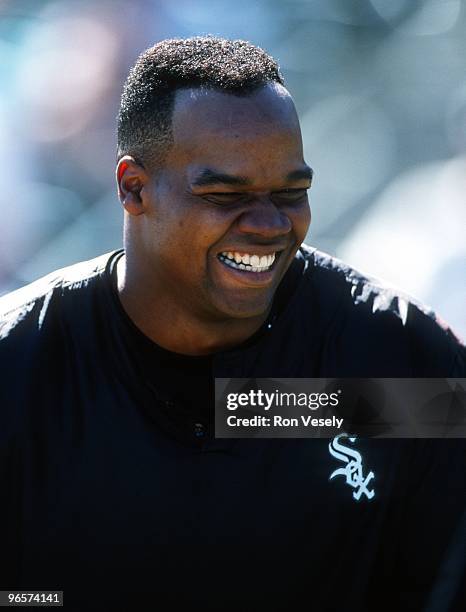 Frank Thomas of the Chicago White Sox looks on during an MLB game at Comiskey Park in Chicago, Illinois. Thomas played for the White Sox from...