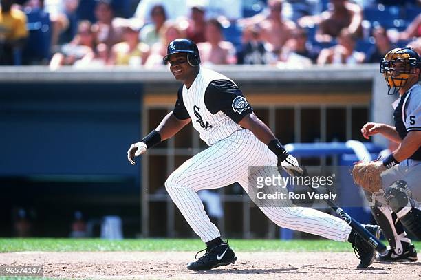 Frank Thomas of the Chicago White Sox bats during an MLB game at Comiskey Park in Chicago, Illinois. Thomas played for the White Sox from 1990-2005.