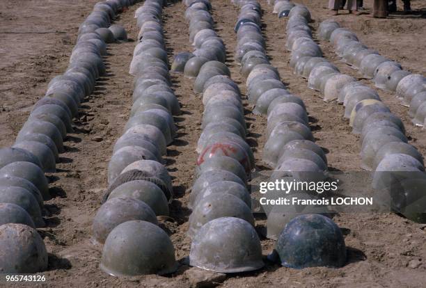 Iranian Soldiers Helmets During The Iran Iraq War, February 28, 1984.