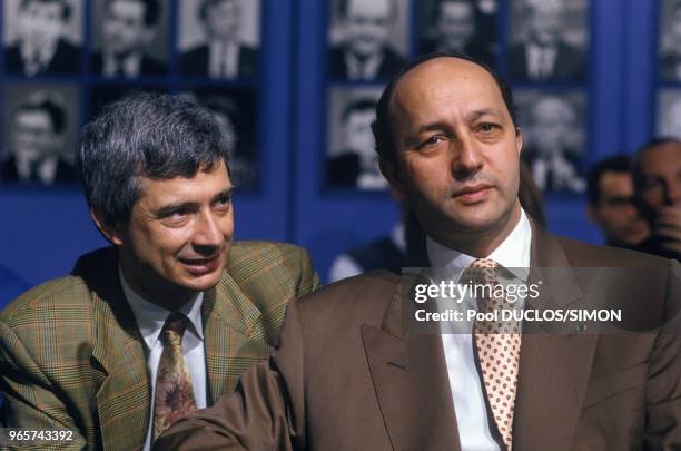 Claude Bartolone And Laurent Fabius On Set Of TV Show L Heure De Verite, Paris, May 30, 1992.