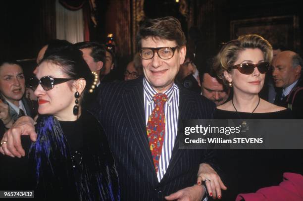 Yves Saint Laurent With Paloma Picasso And Catherine Deneuve After Show, Paris, January 27, 1993.