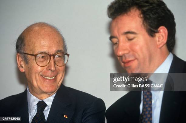 Valery Giscard D Estaing And FRancois Bayrou At UDF National Council, Paris, November 19, 1992.