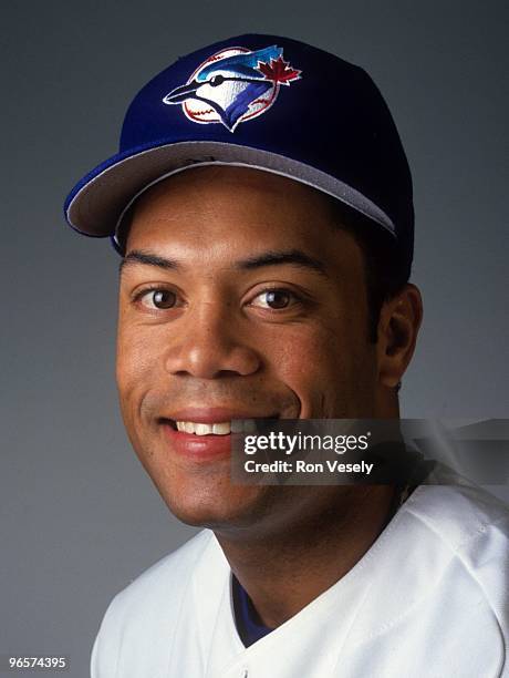 Roberto Alomar of the Toronto Blue Jays poses for a portrait during photo day at spring training in Dunedin, Florida. Alomar played for the Blue Jays...