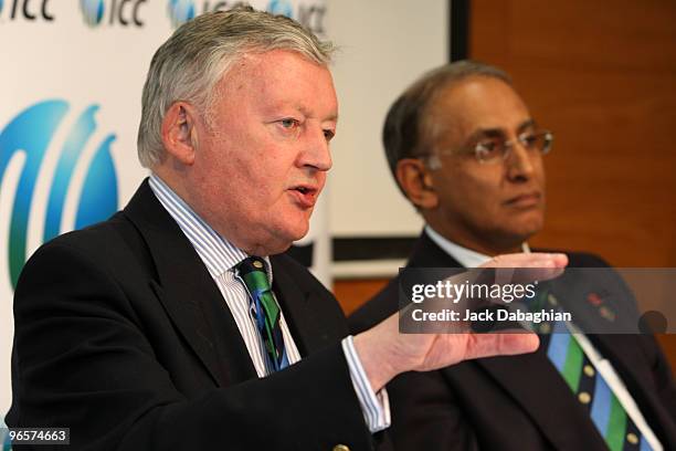 Chief David Morgan holds a press conference as Haroon Lorgat, ICC Chief Executive Officer looks on during a press conference on February 11, 2010 in...