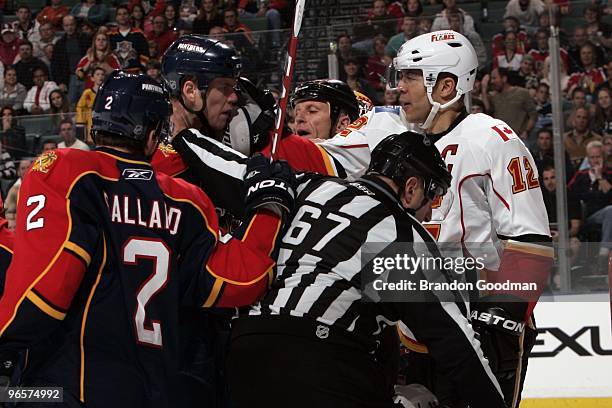 Bryan Allen of the Florida Panthers tangles with Jarome Iginla of the Calgary Flames at the BankAtlantic Center on February 5, 2010 in Sunrise,...