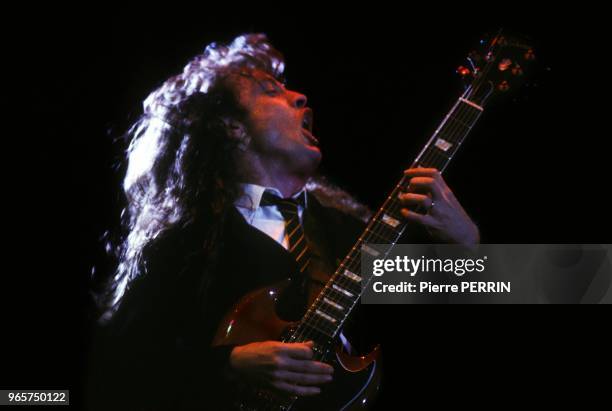 Hard rock band ACDC guitar leader Angus Young during concert at Palais Omnisports of Paris Bercy on September 15, 1984 in Paris, France.