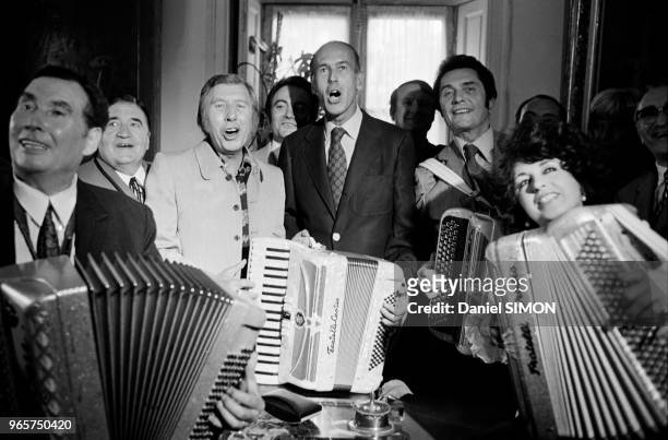 Valery Giscard D Estaing with French accordion players Edouard Duleu, Aimable, Andre Verchuren and Yvette Horner, at World Accordion Festival, on...