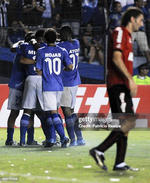 Emelec's players celebrate their second goal against Argentina's Newell's Old Boys during a 2010 Libertadores Cup match at the George Capwell Stadium...