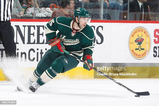 Andrew Brunette of the Minnesota Wild skates with the puck against the Philadelphia Flyers during the game at the Xcel Energy Center on February 6,...