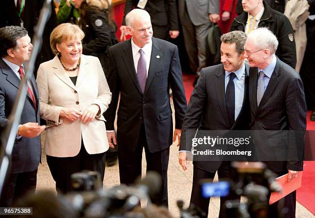 Jose Manuel Barroso, president of the European Commission, Angela Merkel, Germany's chancellor, George Papandreou, Greece's prime minister, Nicolas...